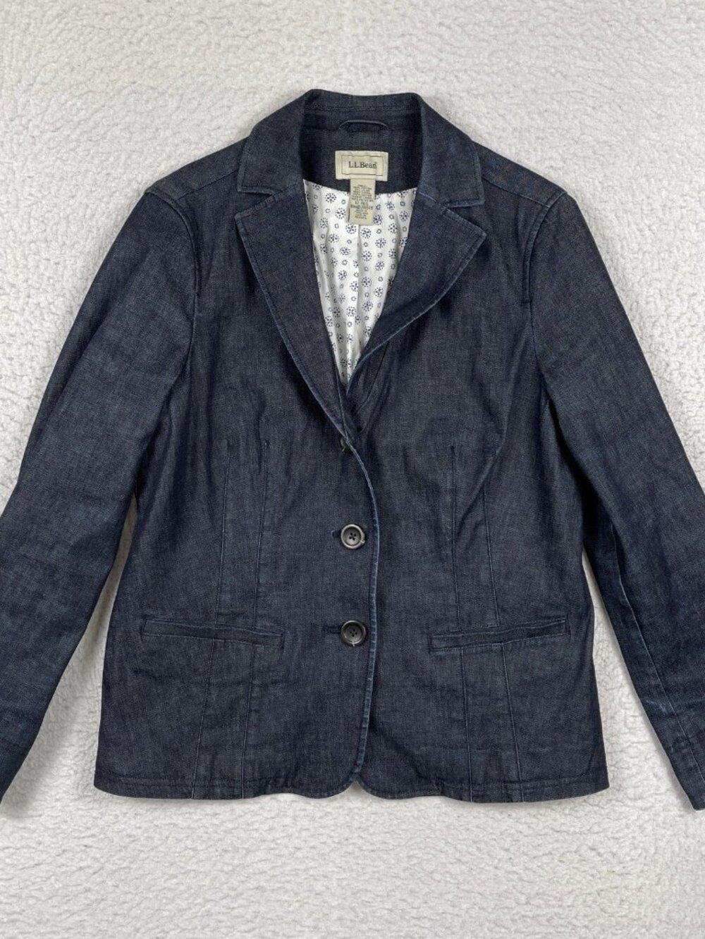 LL Bean Jacket Womens 12 Blue Denim Blazer Career Workwear Job Casual Travel